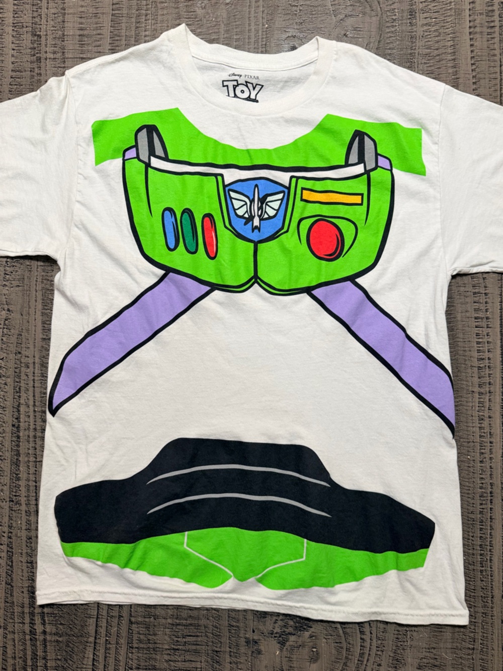 Disney White Tee with Bright Green, Purple & Black Buzz Graphic